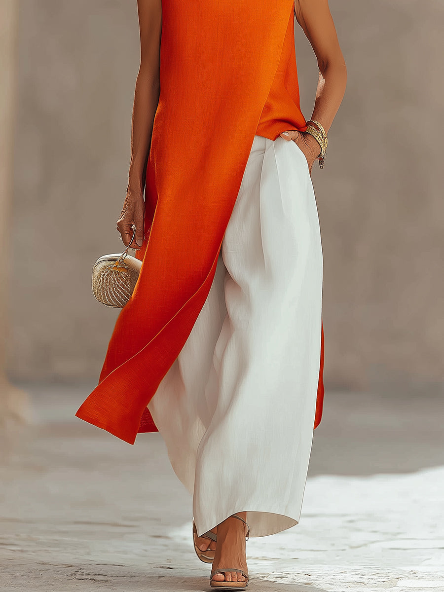 Elegant Front Slit Sleeveless Blouse & Nine-point Wide-leg Pants Set