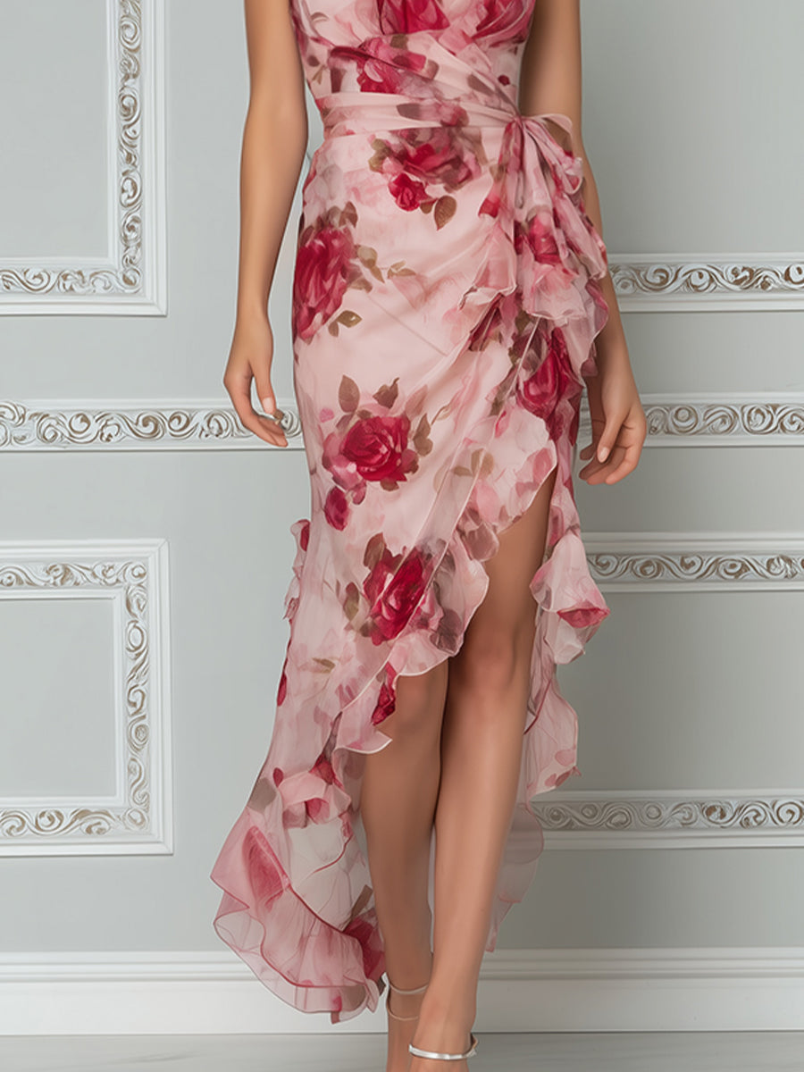 Romantic Floral Halter High-Low Ruffle Maxi Dress
