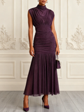 Ruched Mock Neck Drop Waist Midi Dress