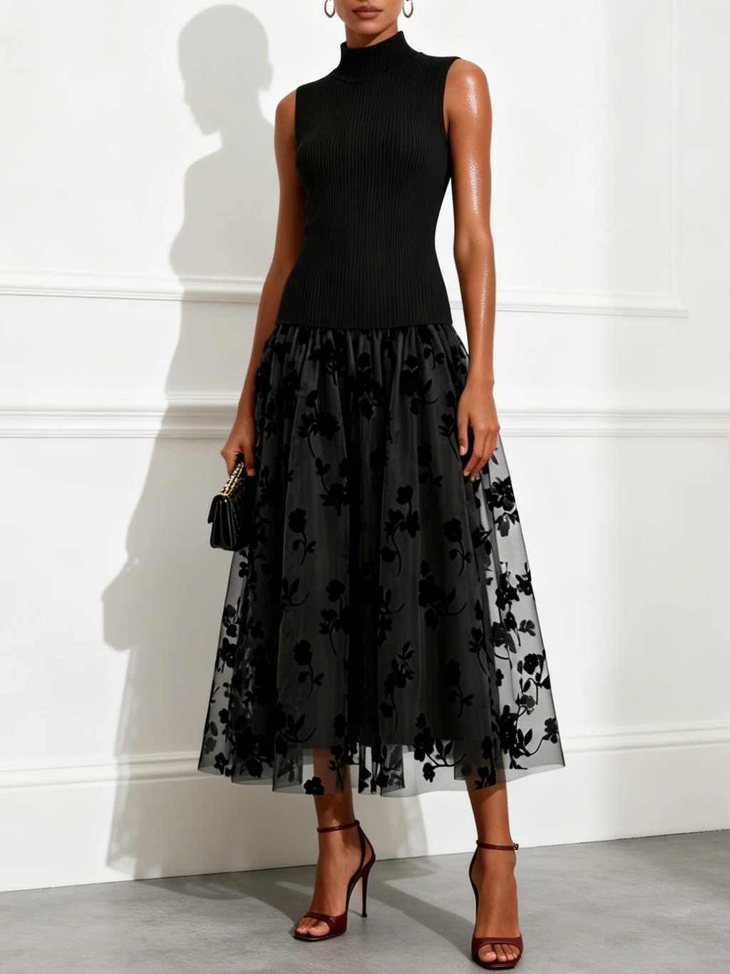 Mock Neck Floral Flocked Mesh Midi Dress