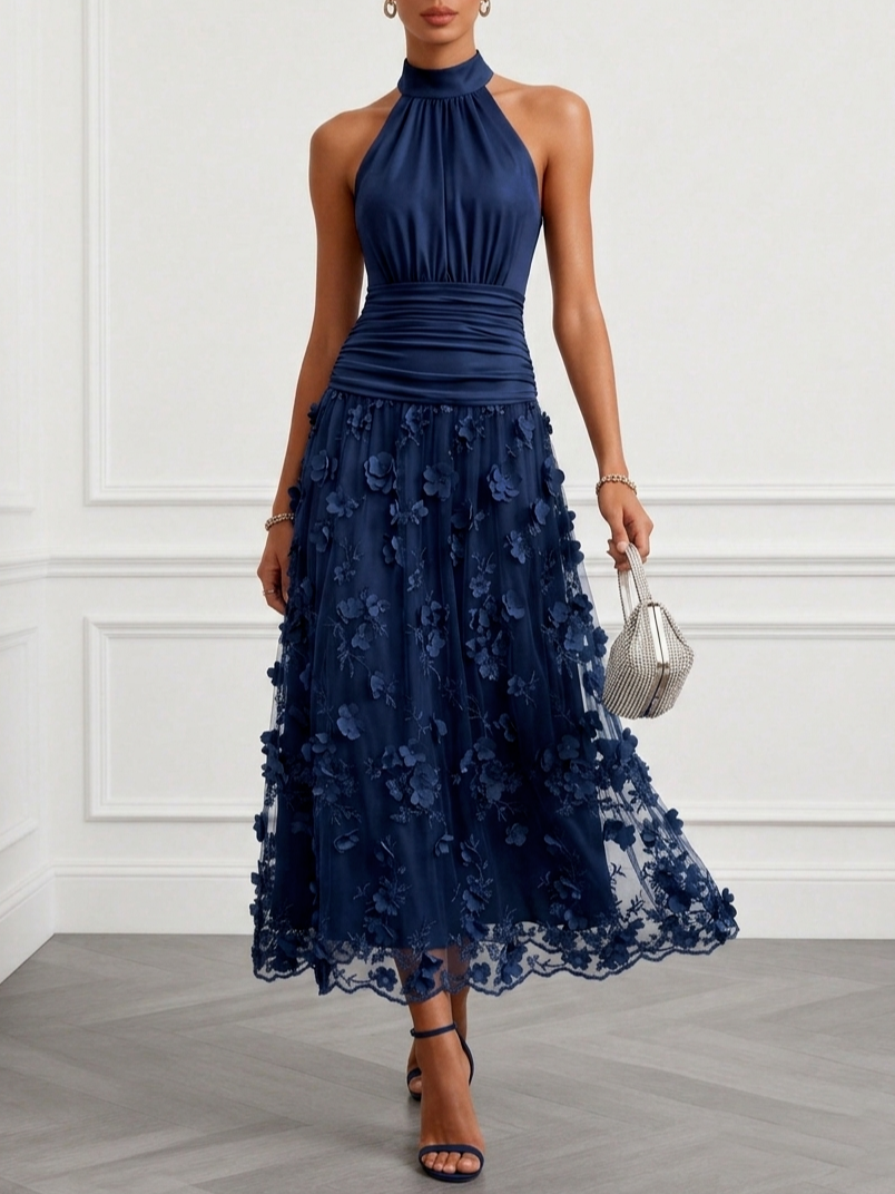 Satin Halter Floral Appliqué Midi Dress
