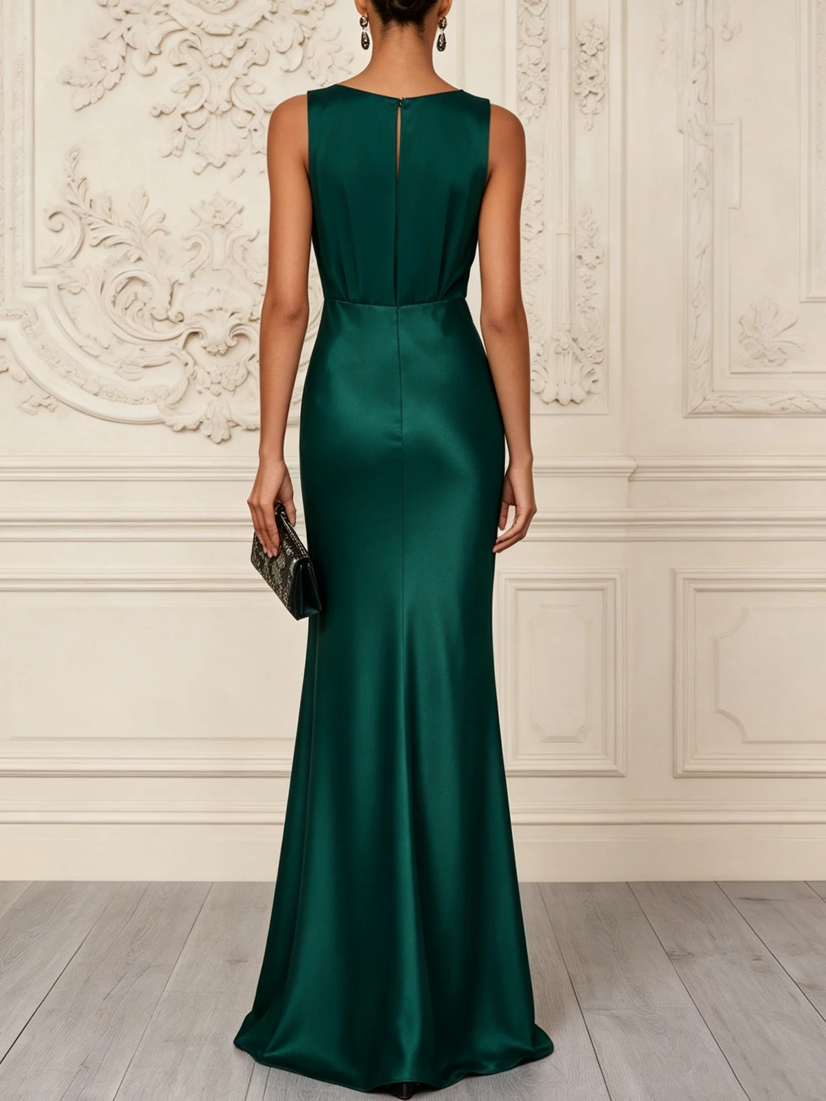 Deep Teal Pleated Neckline Satin Gown
