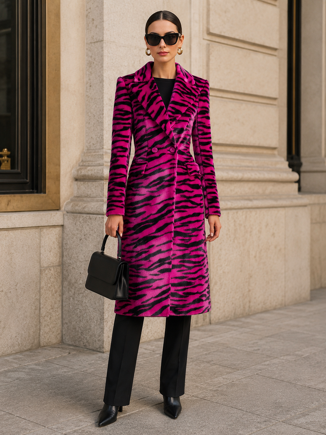 Peak-Lapel Double-Breasted Fitted Zebra-Print Longline Coat
