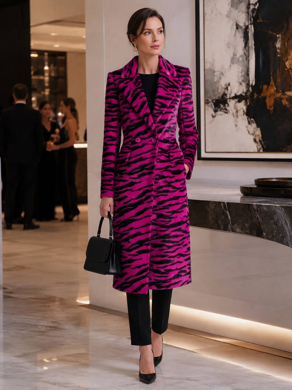 Peak-Lapel Double-Breasted Fitted Zebra-Print Longline Coat