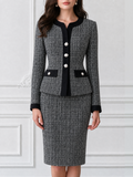 Tweed Pearl Button Blazer and Pencil Skirt Two-Piece Suit