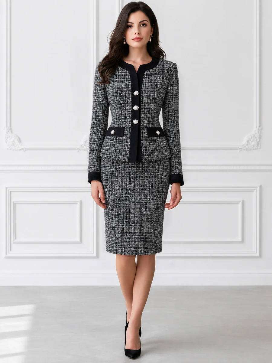 Tweed Pearl Button Blazer and Pencil Skirt Two-Piece Suit