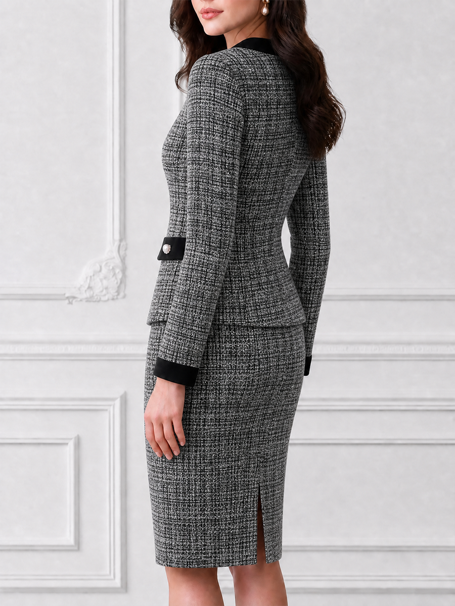 Tweed Pearl Button Blazer and Pencil Skirt Two-Piece Suit