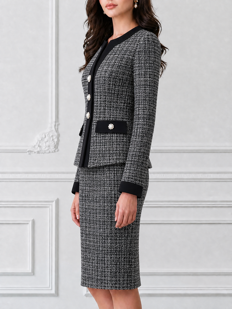 Tweed Pearl Button Blazer and Pencil Skirt Two-Piece Suit