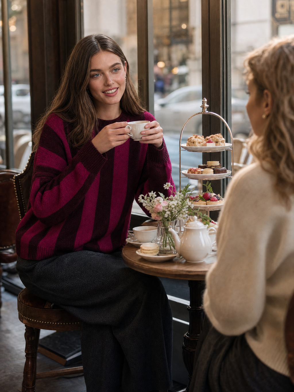 Crew-Neck Long-Sleeve Vertical-Stripe Relaxed Knit Sweater