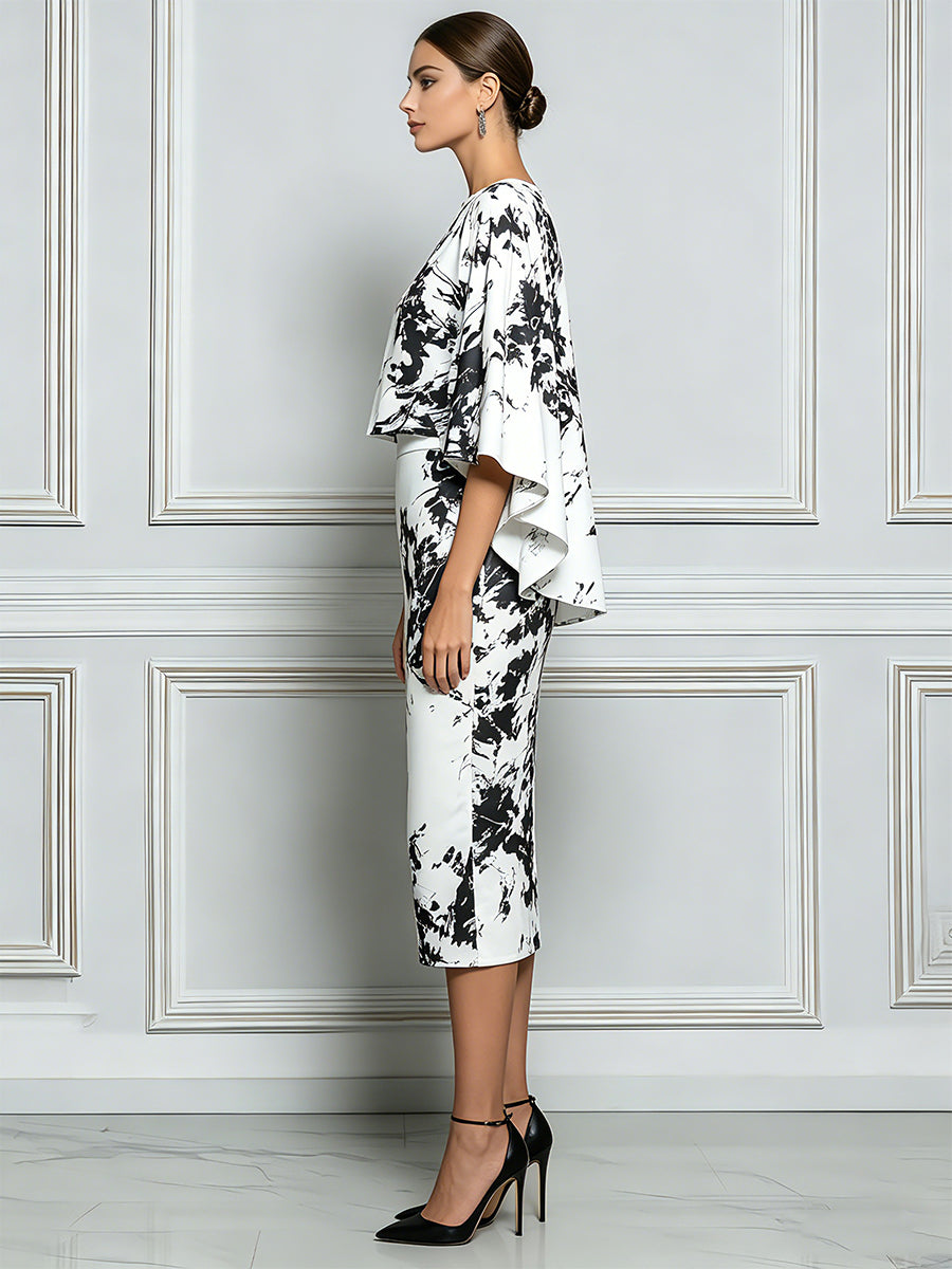 Abstract Print Sheath Dress With Detachable Capelet