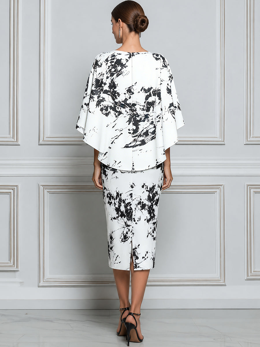 Abstract Print Sheath Dress With Detachable Capelet