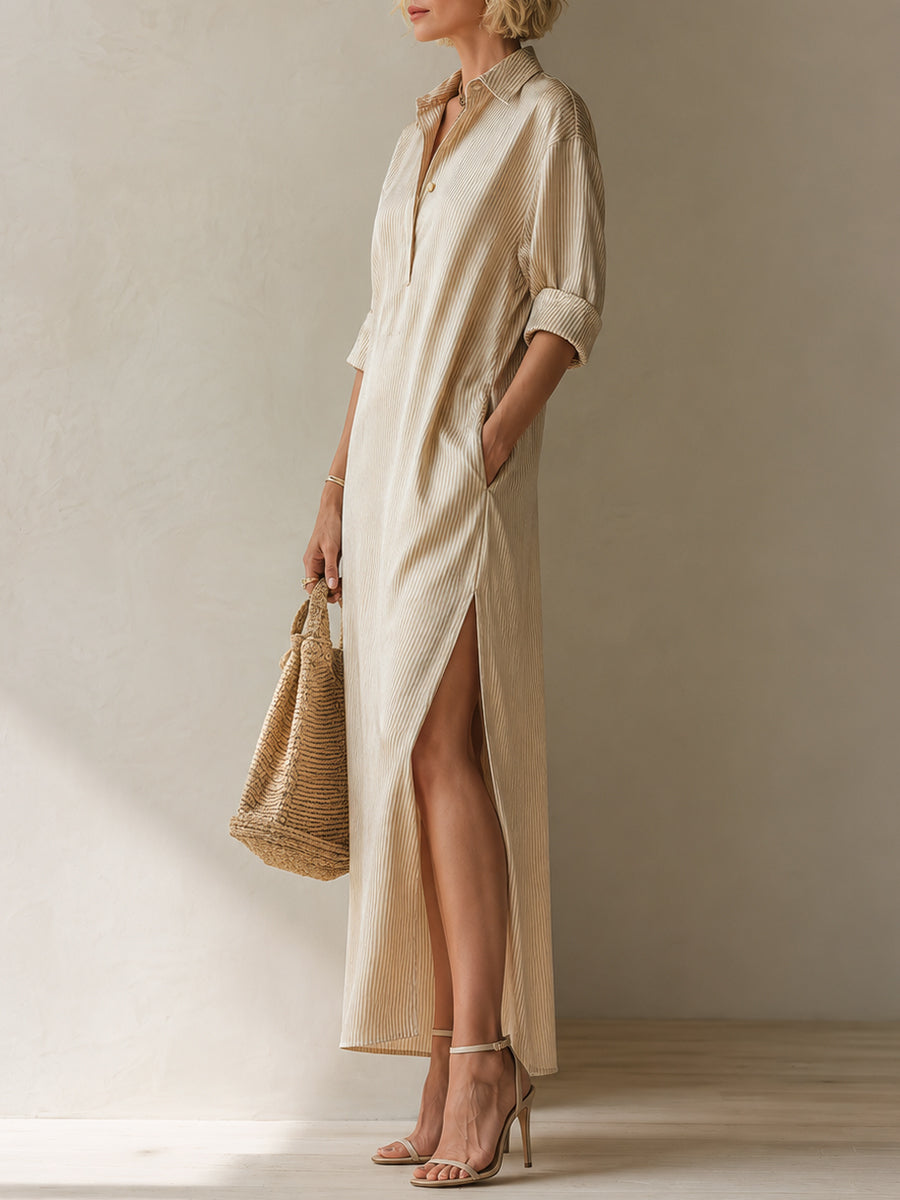 Commuter-Style Satin Striped Maxi Dress With Slit Hem