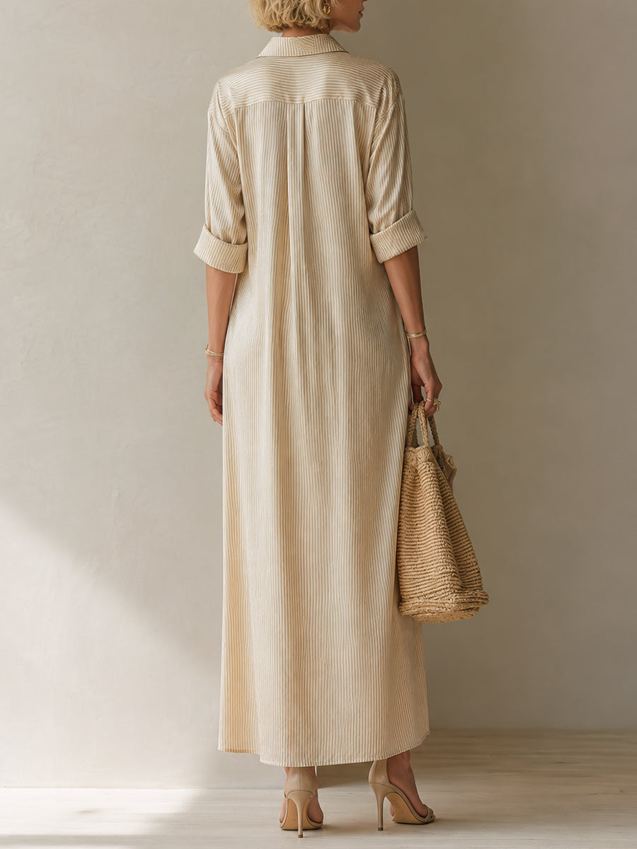 Commuter-Style Satin Striped Maxi Dress With Slit Hem