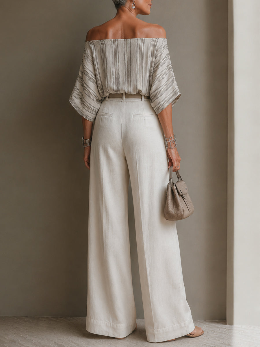 Off-Shoulder Striped Blouse & High-Waisted Pants Set (Includes Belt)