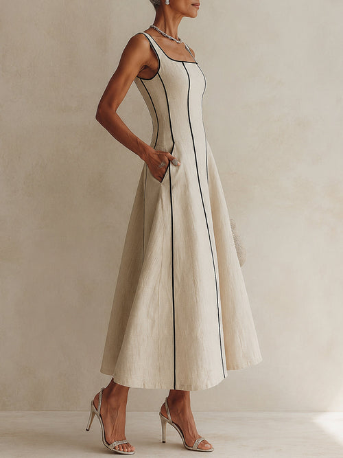 Black-Piped A-Line Cotton-Linen Maxi Dress