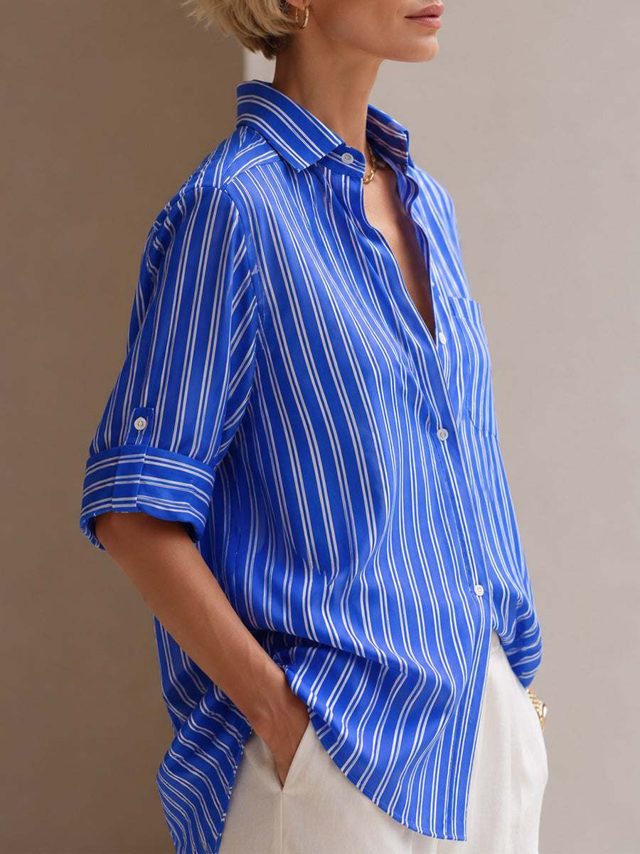 Minimalist Commuter-Style Striped Half-Sleeve Shirt