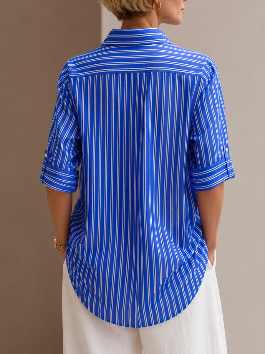 Minimalist Commuter-Style Striped Half-Sleeve Shirt