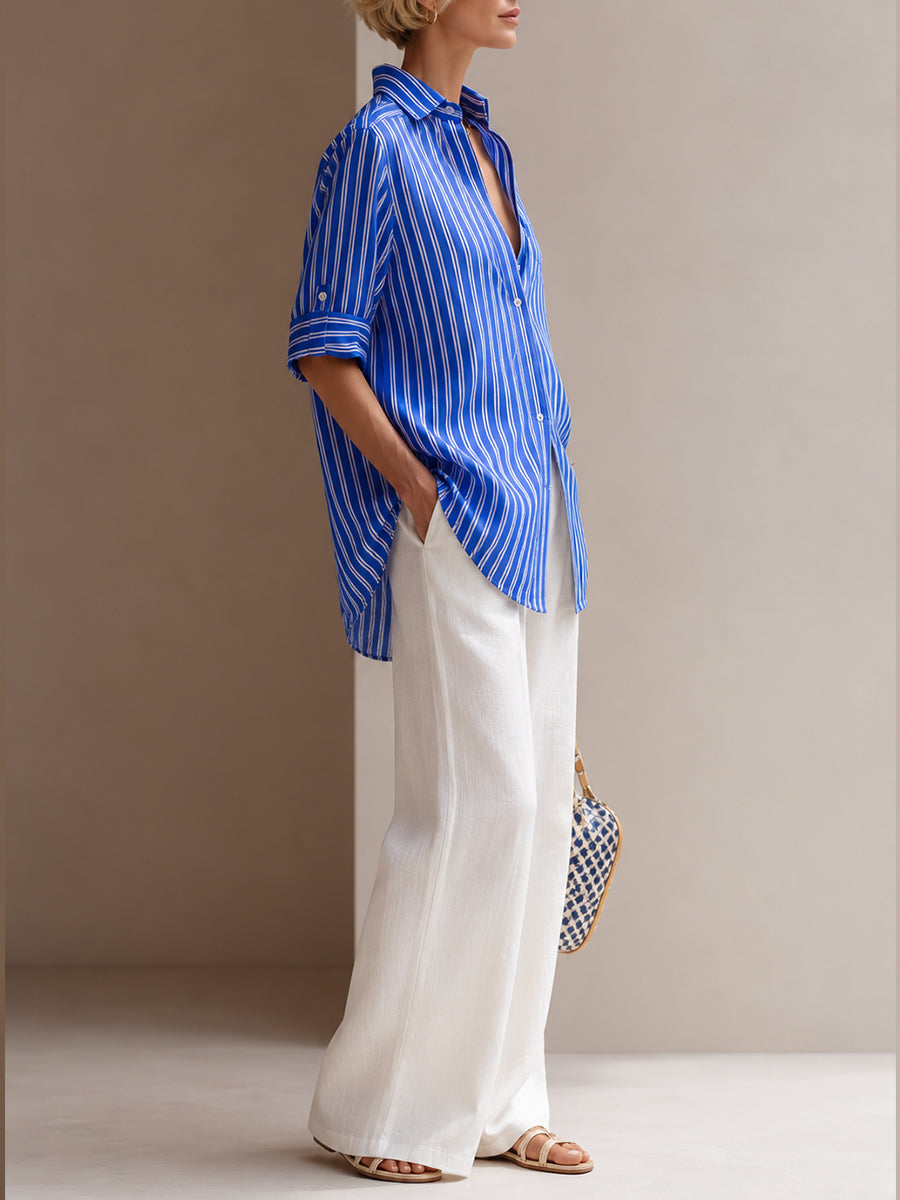 Minimalist Commuter-Style Striped Half-Sleeve Shirt