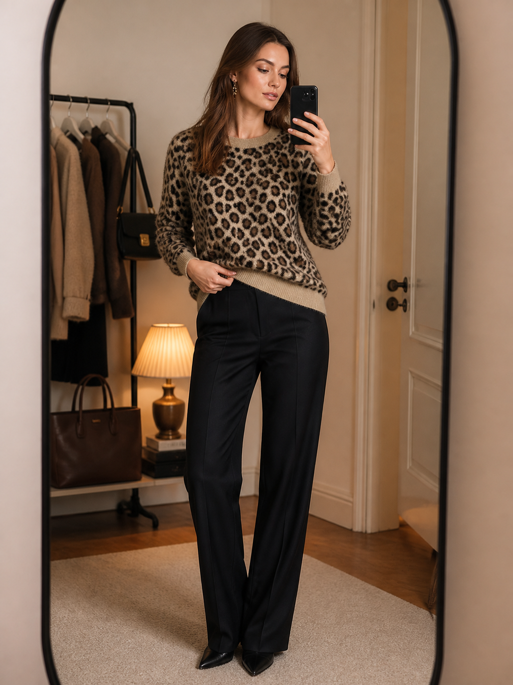 Leopard Print Fuzzy Crew-Neck Knit Sweater