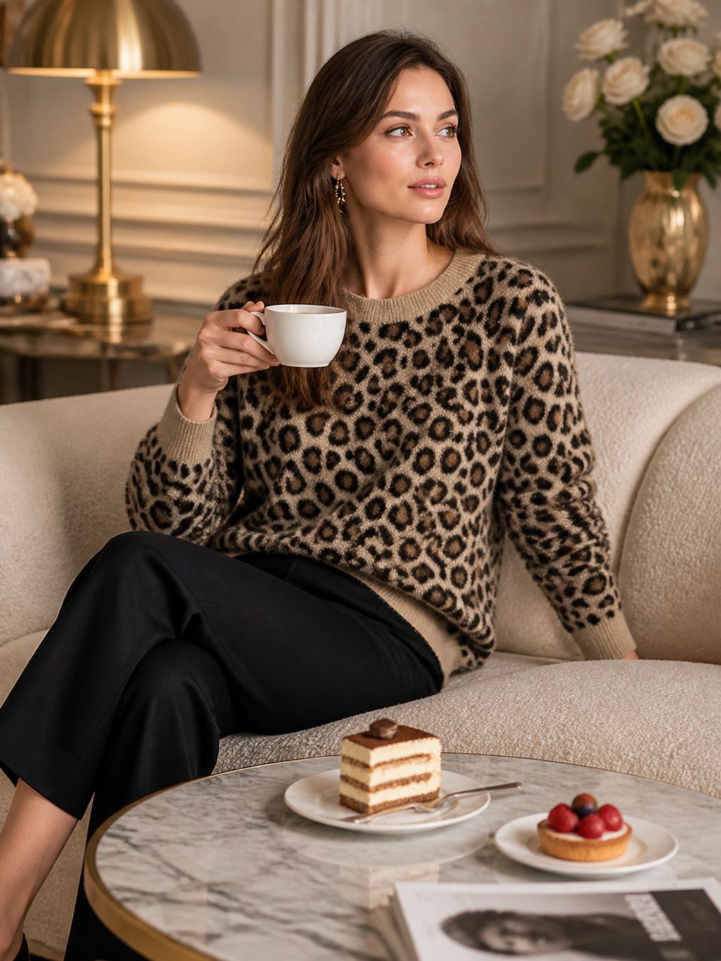 Leopard Print Fuzzy Crew-Neck Knit Sweater
