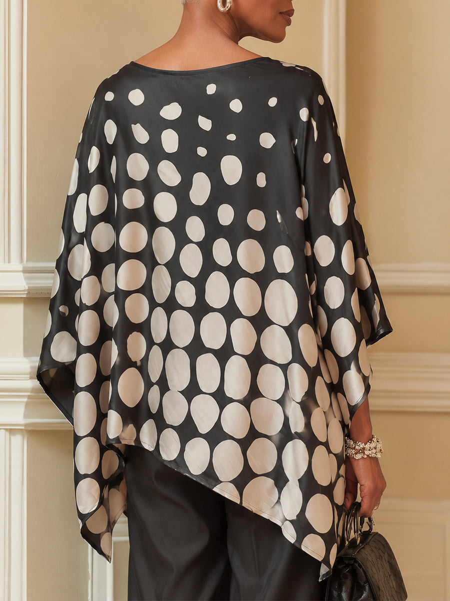 Batwing-Sleeve Polka-Dot Blouse With Asymmetrical Hem