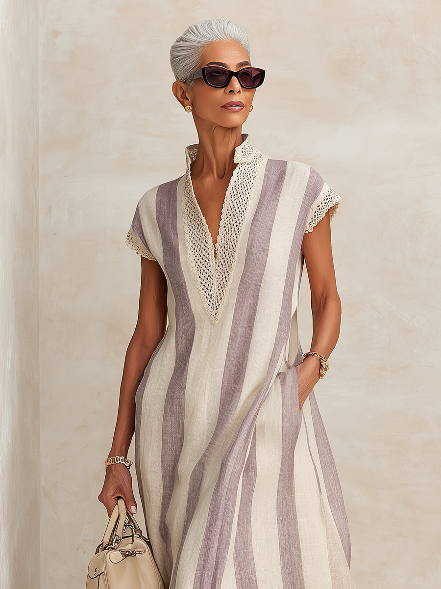 Quiet Luxury Striped Cotton-Linen Maxi Dress With Slit Hem