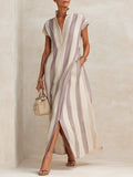 Quiet Luxury Striped Cotton-Linen Maxi Dress With Slit Hem