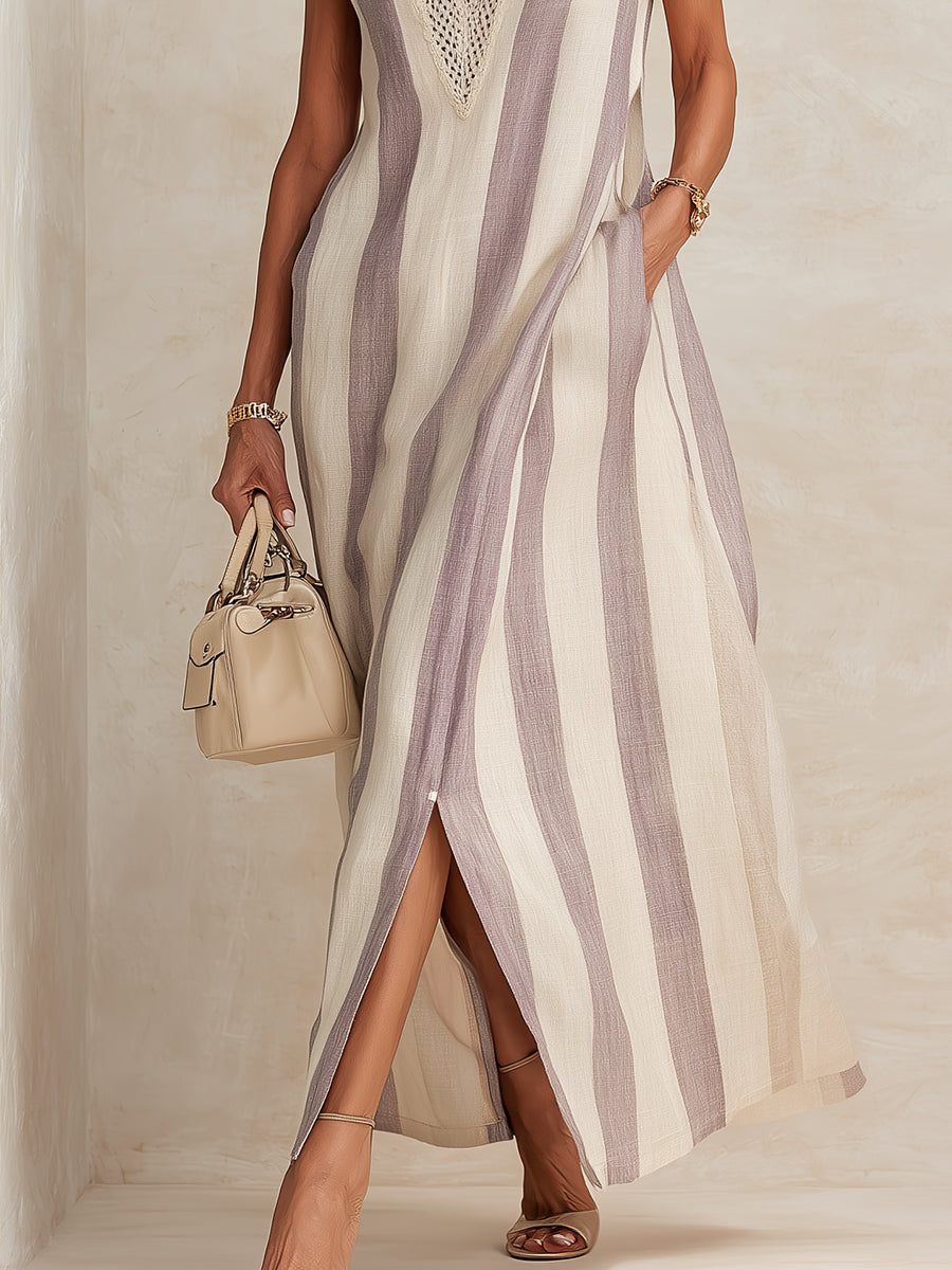 Quiet Luxury Striped Cotton-Linen Maxi Dress With Slit Hem