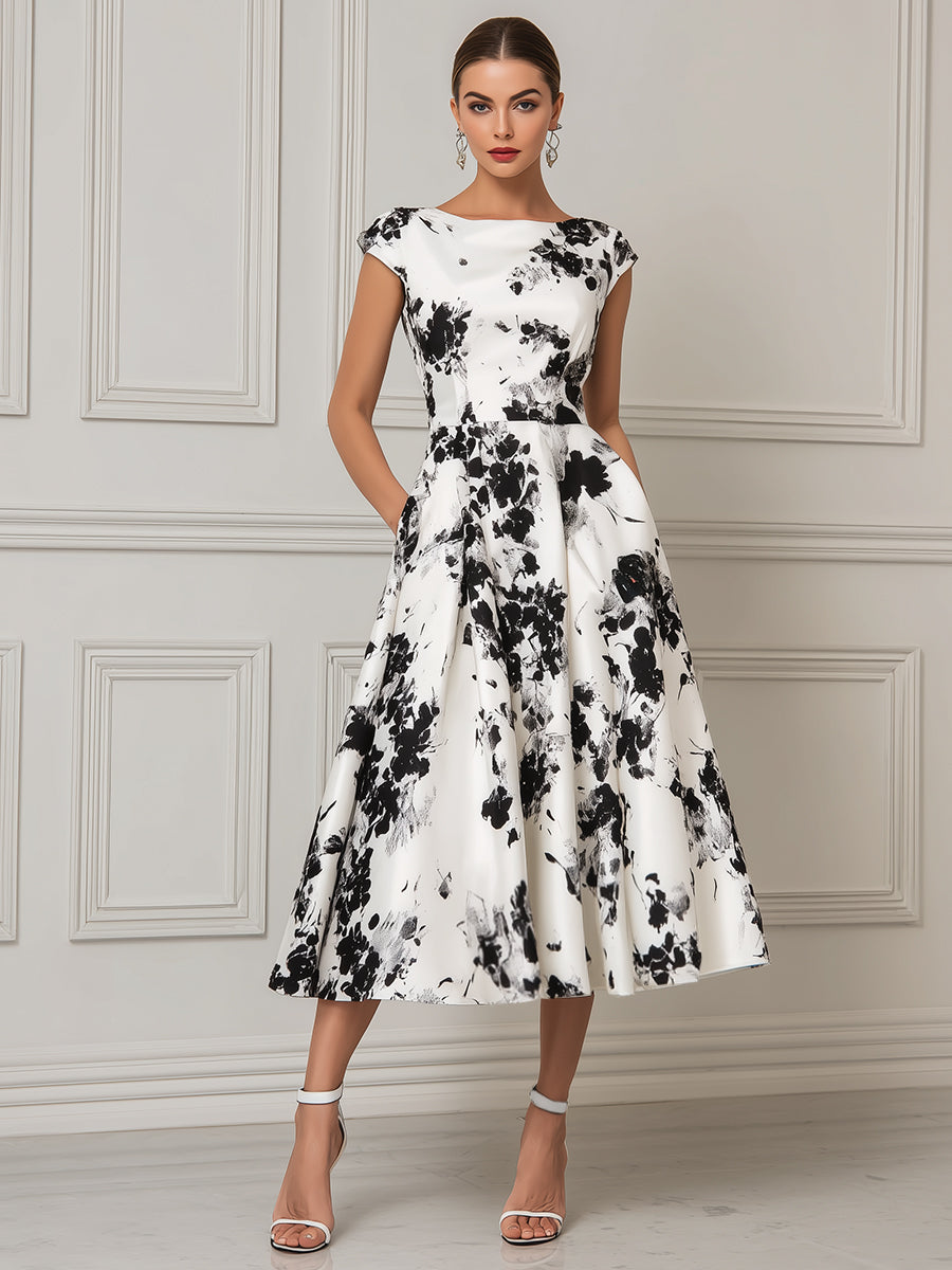 Timeless Floral Boat-Neck Midi Dress