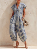 Batwing Cotton-Linen Striped Lantern Jumpsuit