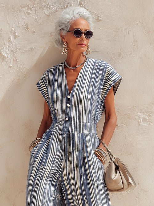 Batwing Cotton-Linen Striped Lantern Jumpsuit