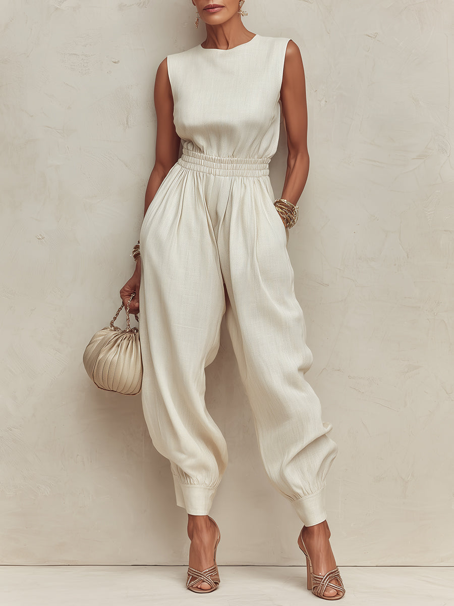 Minimalist Sleeveless Cotton-Linen Harem Jumpsuit