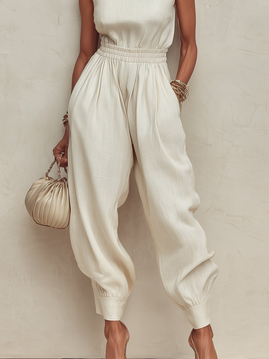 Minimalist Sleeveless Cotton-Linen Harem Jumpsuit