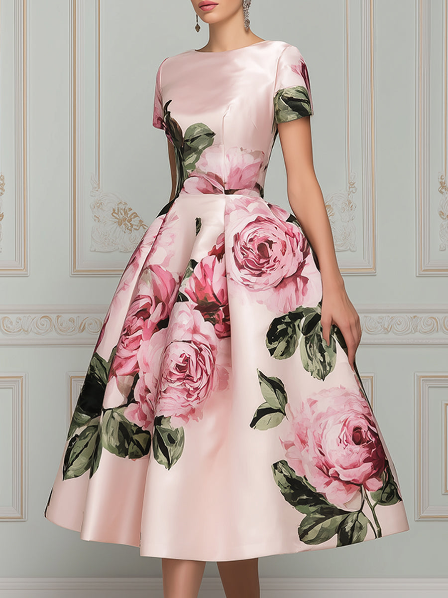 Vintage-Inspired Floral Satin Midi Dress