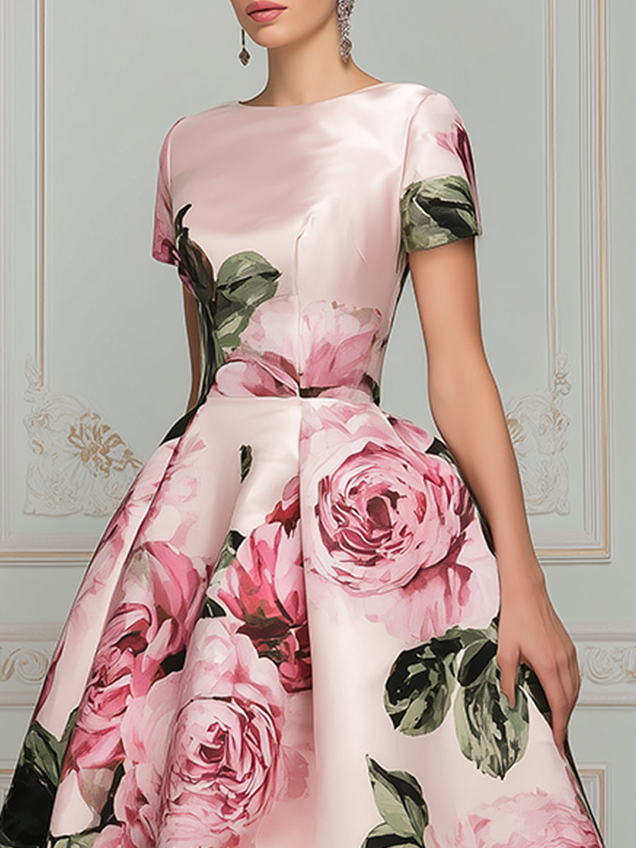 Vintage-Inspired Floral Satin Midi Dress