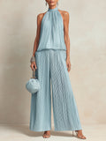 Sophisticated Pleated Sleeveless Top & Wide-Leg Pants Set