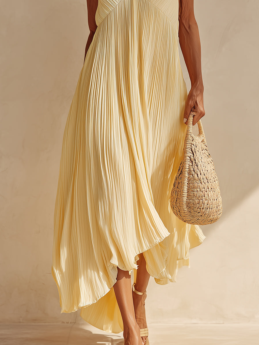 Quiet Luxury Pleated Strappy Maxi Dress With Asymmetrical Hem