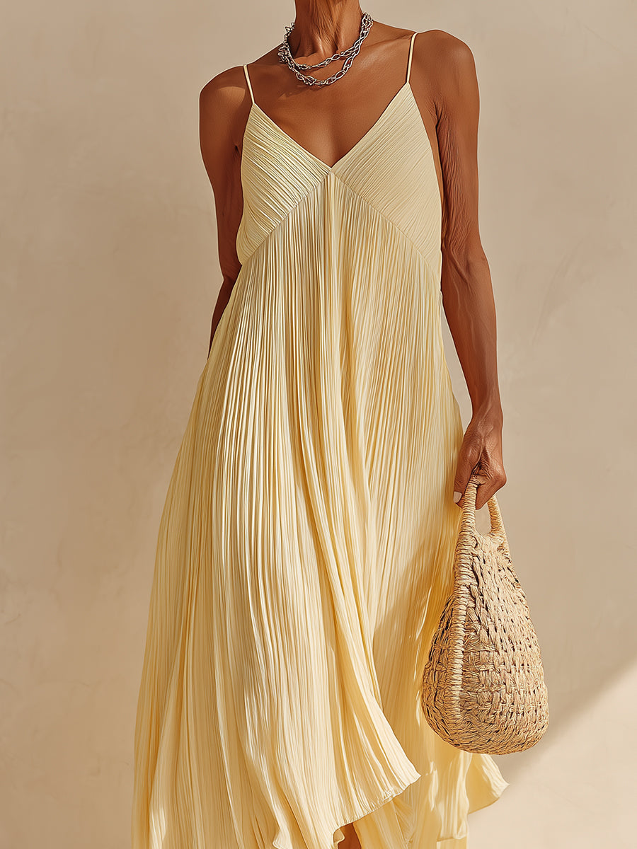 Quiet Luxury Pleated Strappy Maxi Dress With Asymmetrical Hem