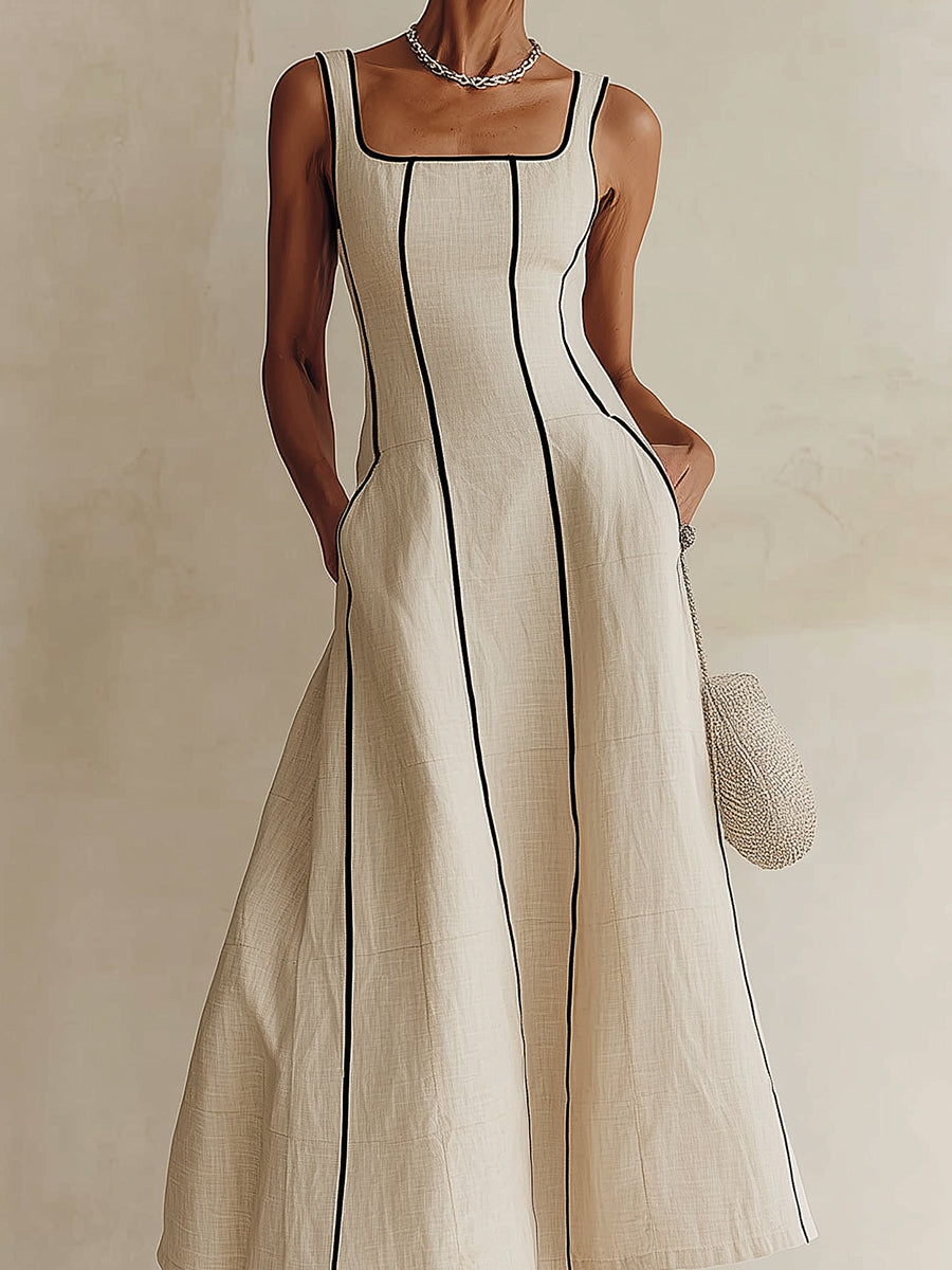 Black-Piped A-Line Cotton-Linen Maxi Dress