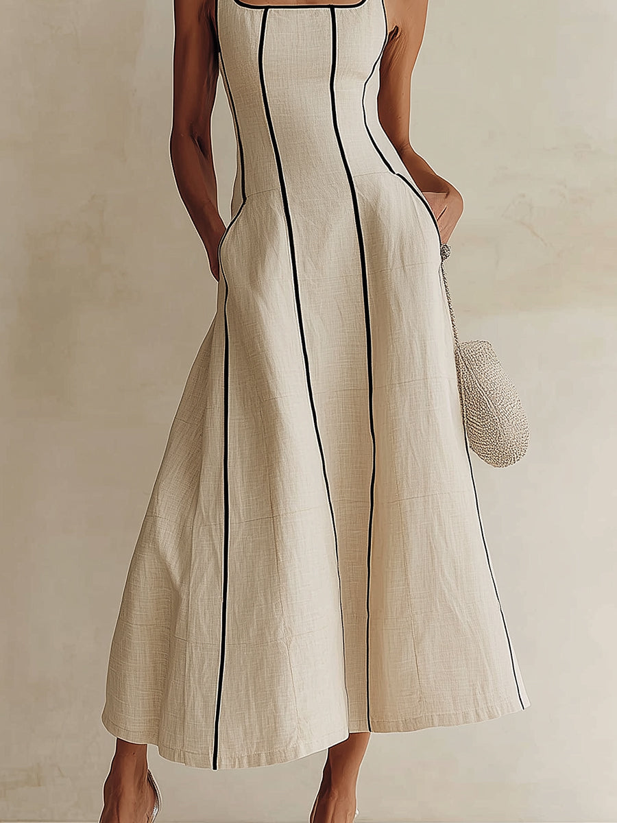 Black-Piped A-Line Cotton-Linen Maxi Dress