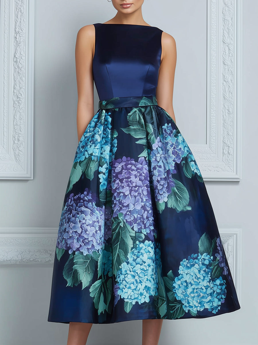 Sleeveless Hydrangea Print Structured Midi Dress