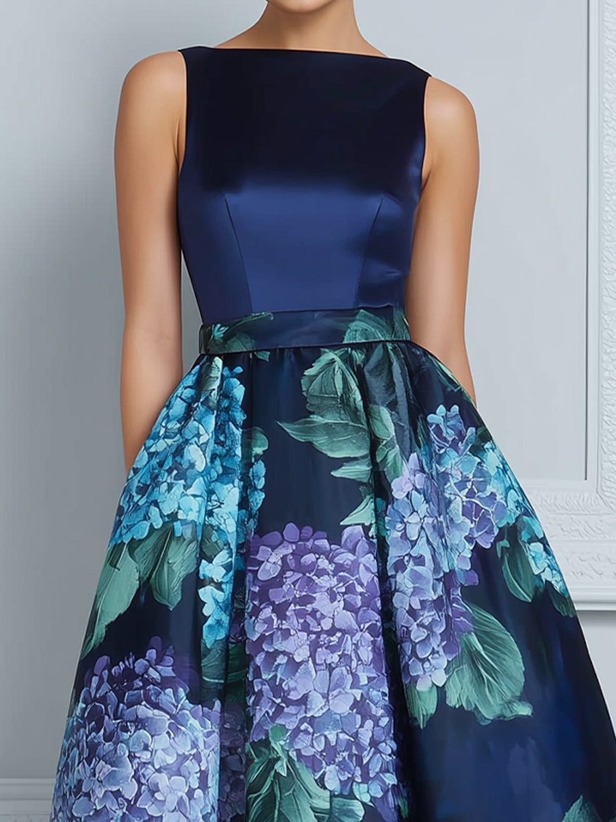 Sleeveless Hydrangea Print Structured Midi Dress