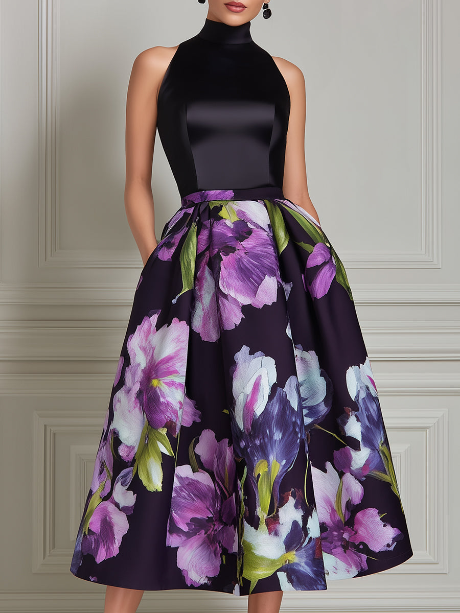 High Neck Floral Print Structured Midi Dress
