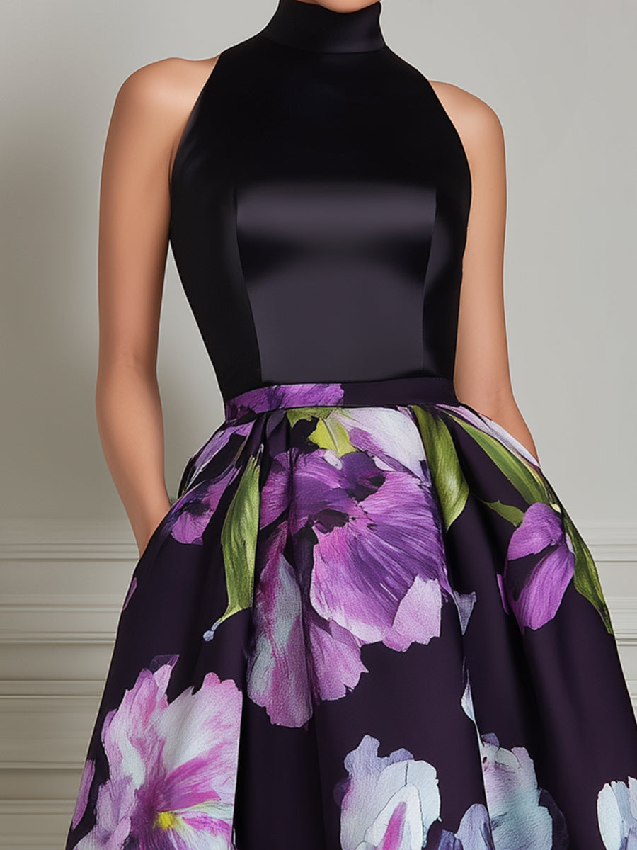 High Neck Floral Print Structured Midi Dress