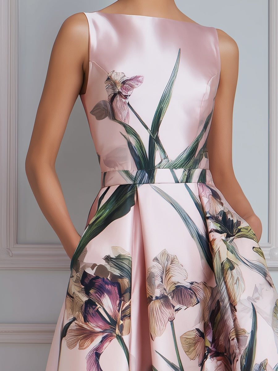 Sleeveless Botanical Print A-Line Midi Dress