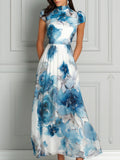 High Neck Watercolor Floral Print Maxi Dress