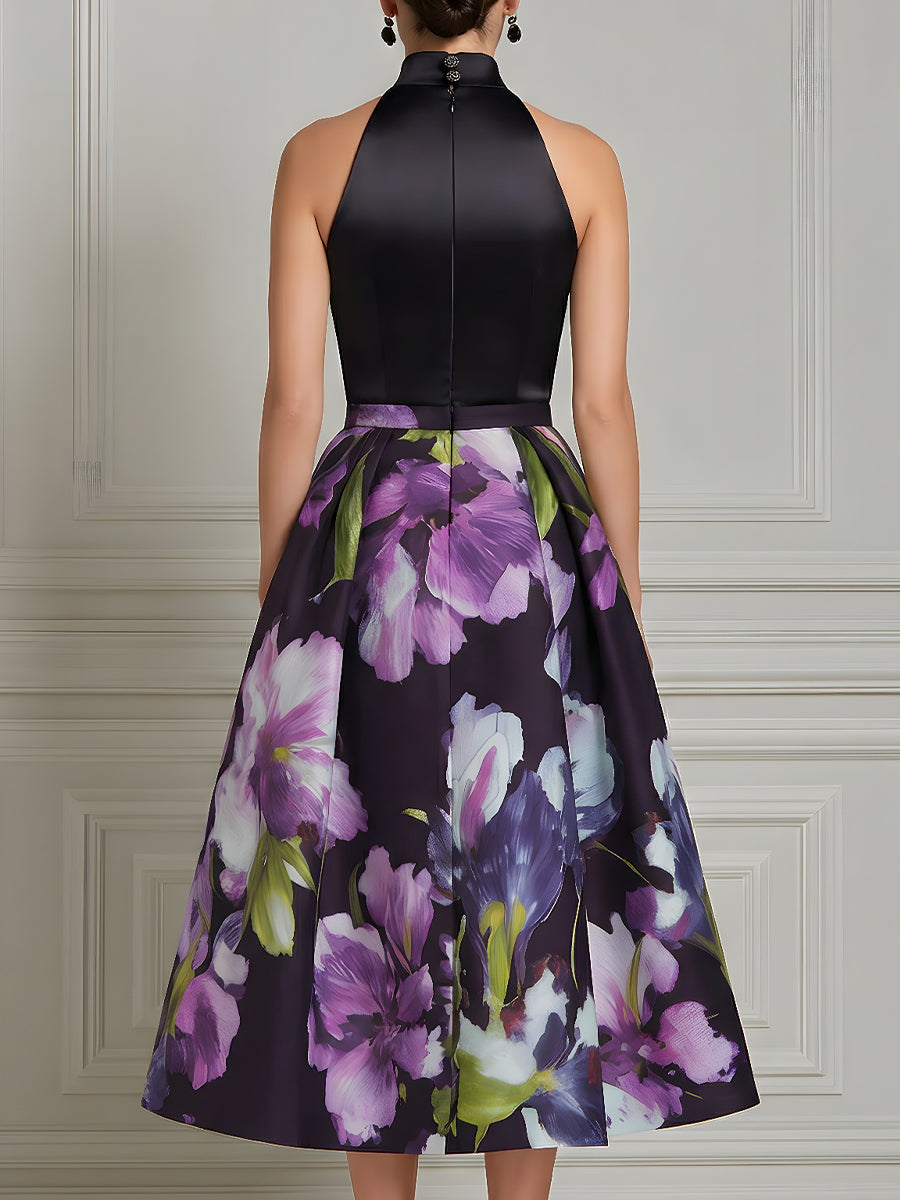 High Neck Floral Print Structured Midi Dress