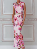 Sculpted Cowl Neck Floral Bodycon Midi Dress