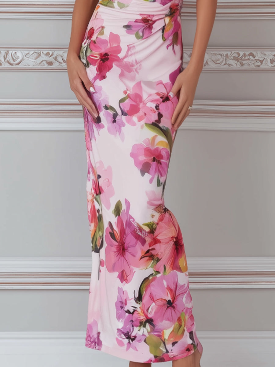 Sculpted Cowl Neck Floral Bodycon Midi Dress