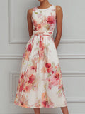 Soft Pleated Floral A-Line Midi Dress